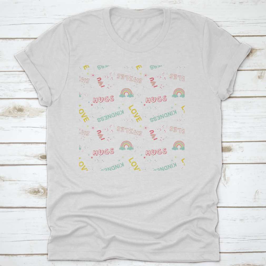 A colorful pattern featuring cute and funny slogans and symbols on a soft cotton fabric, perfect for casual wear.