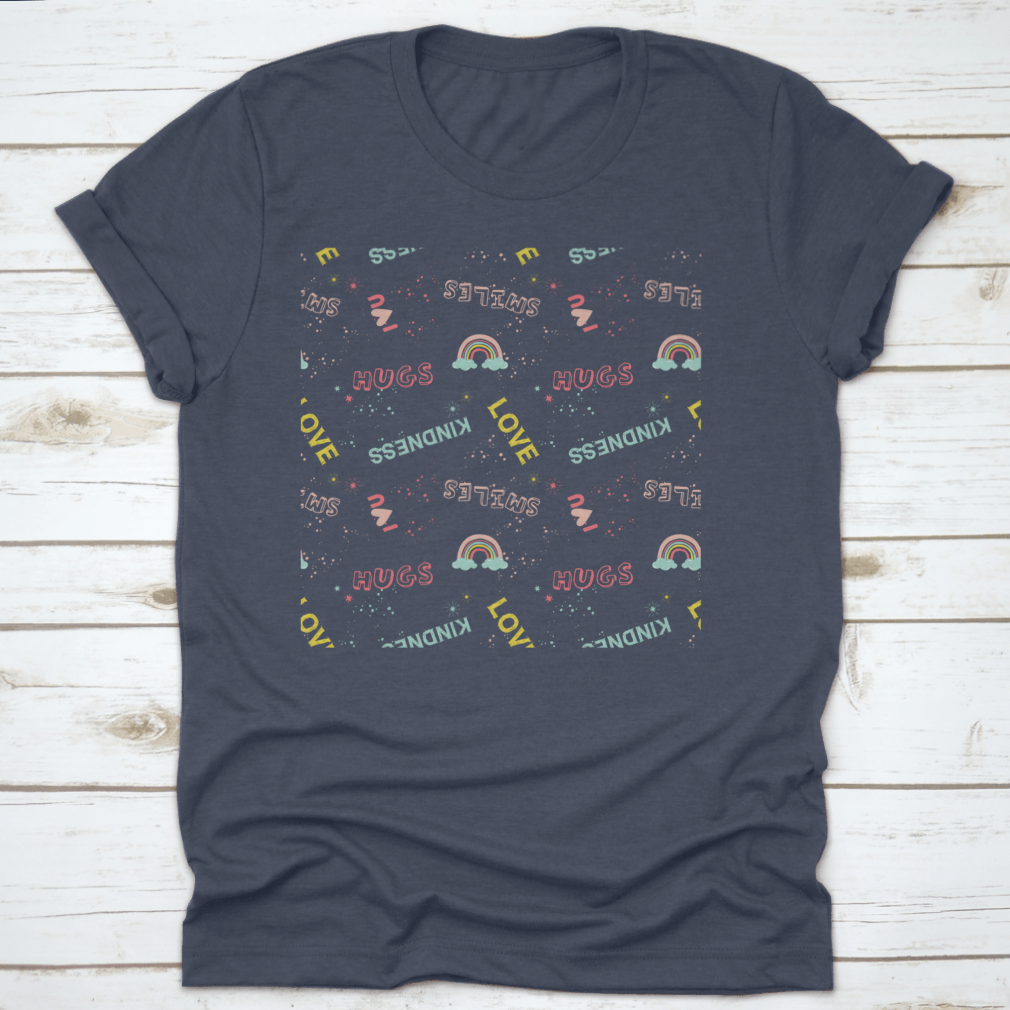 A colorful pattern featuring cute and funny slogans and symbols on a soft cotton fabric, perfect for casual wear.