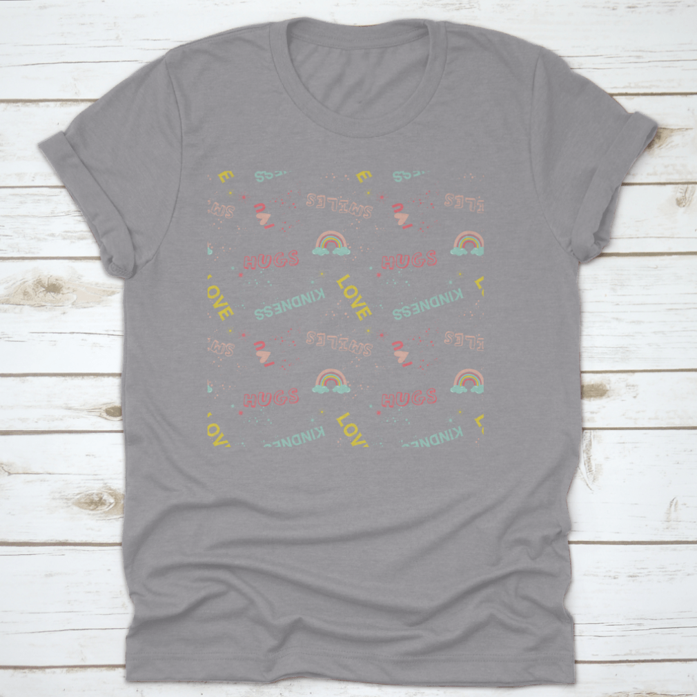 A colorful pattern featuring cute and funny slogans and symbols on a soft cotton fabric, perfect for casual wear.