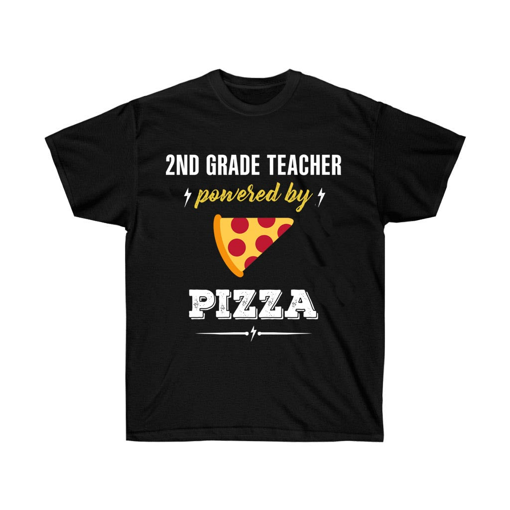 A comfortable unisex t-shirt featuring the phrase 'Second Grade Teacher Powered by Pizza' in vibrant vinyl print, made from 100% soft cotton.