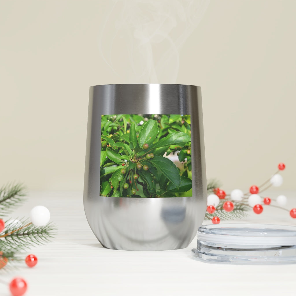 Seeds and Green Leaves 12oz Insulated Wine Tumbler with clear lid, showcasing a stylish design and stainless steel construction.