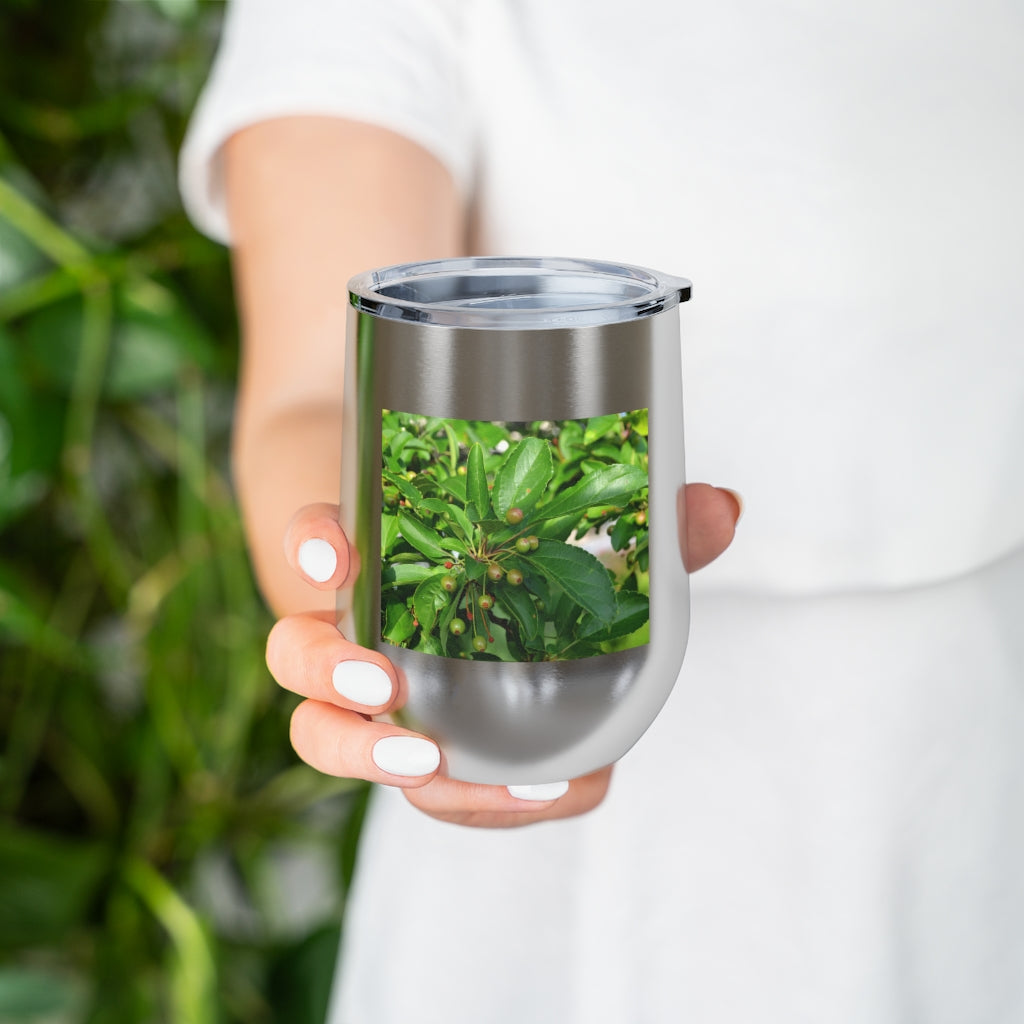 Seeds and Green Leaves 12oz Insulated Wine Tumbler with clear lid, showcasing a stylish design and stainless steel construction.