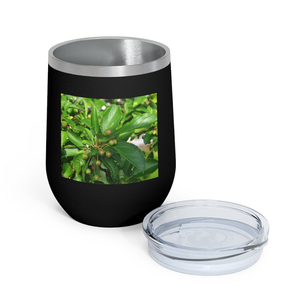 Seeds and Green Leaves 12oz Insulated Wine Tumbler with clear lid, showcasing a stylish design and stainless steel construction.