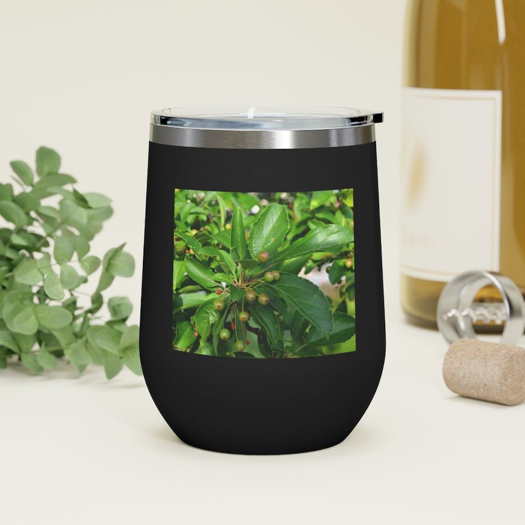 Seeds and Green Leaves 12oz Insulated Wine Tumbler with clear lid, showcasing a stylish design and stainless steel construction.