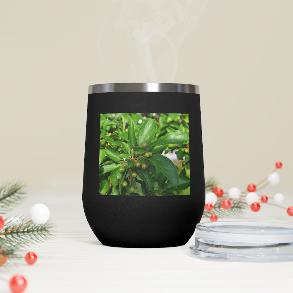 Seeds and Green Leaves 12oz Insulated Wine Tumbler with clear lid, showcasing a stylish design and stainless steel construction.