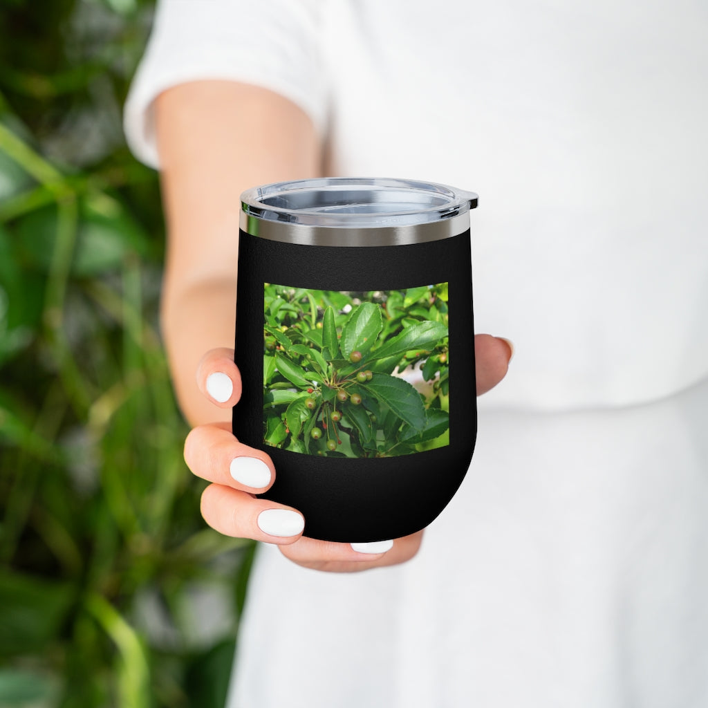 Seeds and Green Leaves 12oz Insulated Wine Tumbler with clear lid, showcasing a stylish design and stainless steel construction.