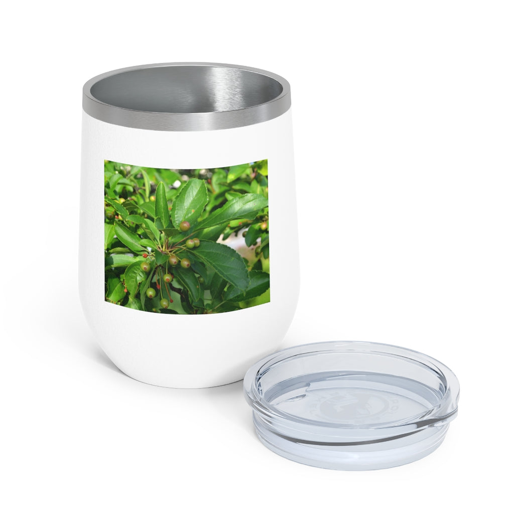 Seeds and Green Leaves 12oz Insulated Wine Tumbler with clear lid, showcasing a stylish design and stainless steel construction.