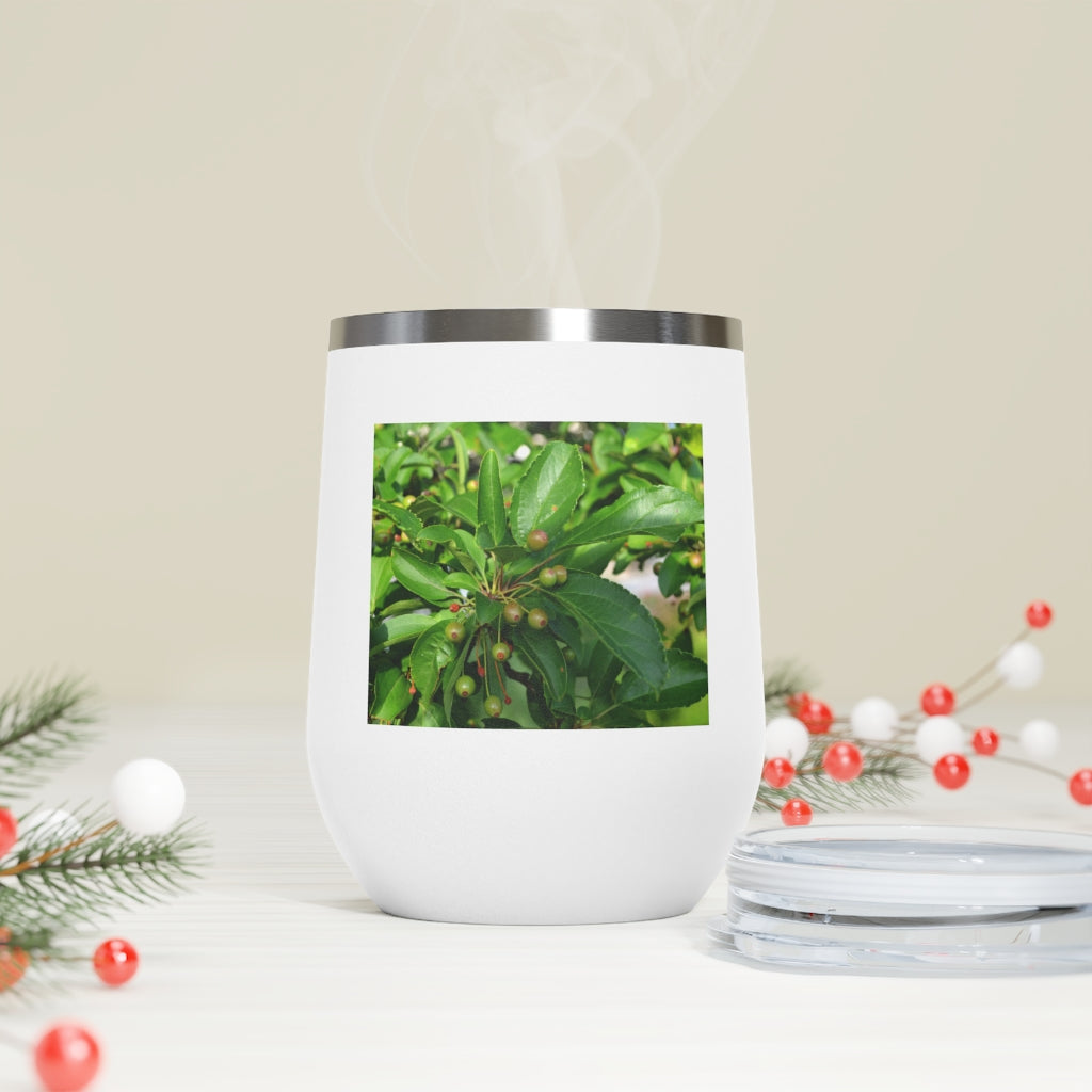 Seeds and Green Leaves 12oz Insulated Wine Tumbler with clear lid, showcasing a stylish design and stainless steel construction.