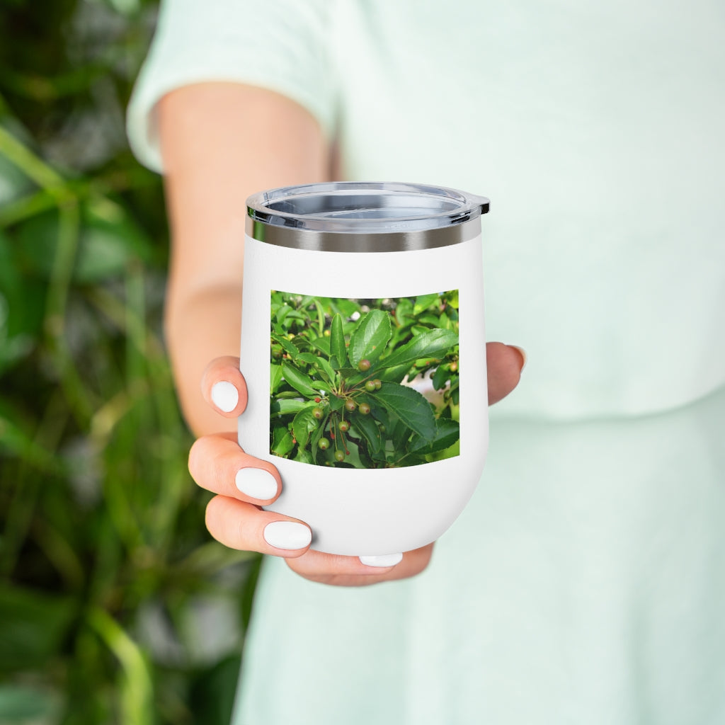 Seeds and Green Leaves 12oz Insulated Wine Tumbler with clear lid, showcasing a stylish design and stainless steel construction.