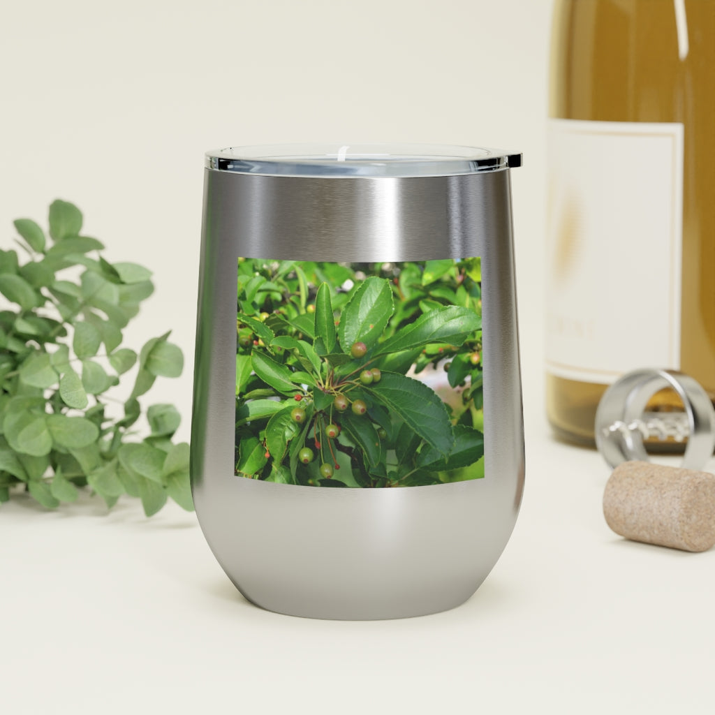 Seeds and Green Leaves 12oz Insulated Wine Tumbler with clear lid, showcasing a stylish design and stainless steel construction.