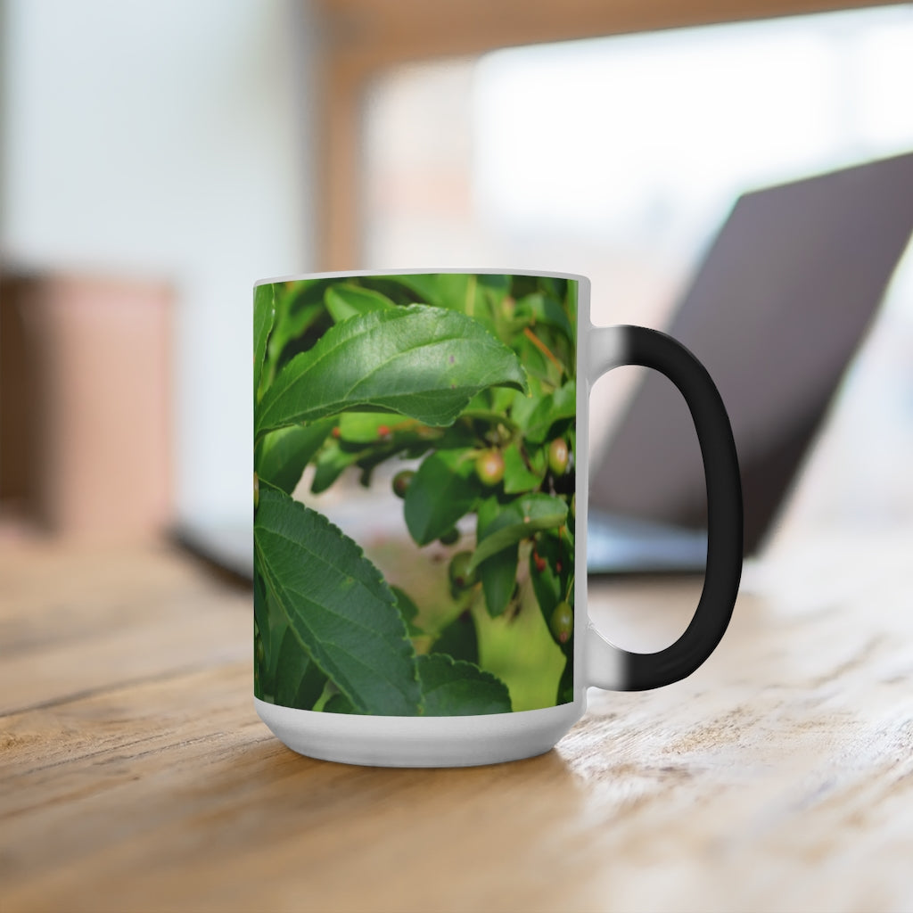 A white ceramic mug with seeds and green leaves design that changes color when filled with hot liquid, showcasing its unique feature.