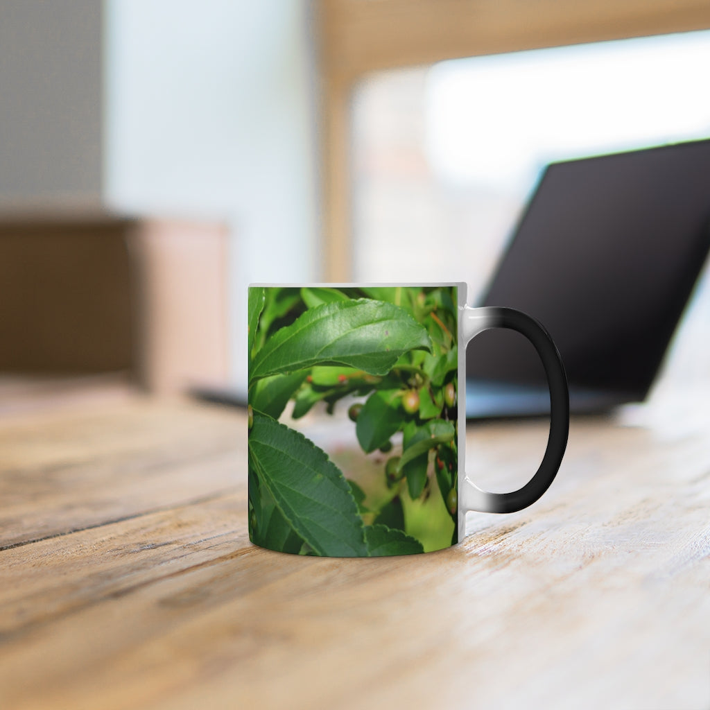 A white ceramic mug with seeds and green leaves design that changes color when filled with hot liquid, showcasing its unique feature.