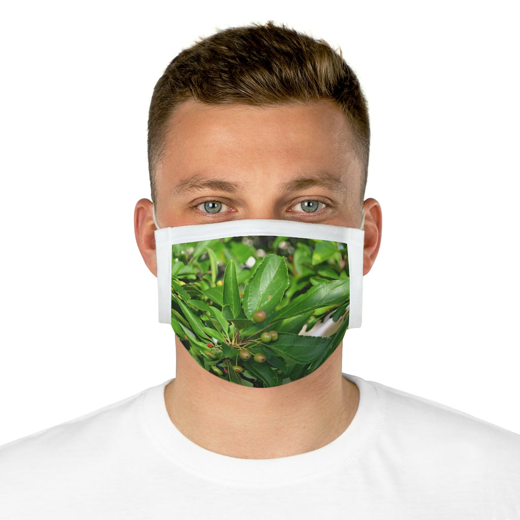 Seeds and Green Leaves Cotton Face Mask featuring a unique nature-inspired design, made from 100% cotton with adjustable features.