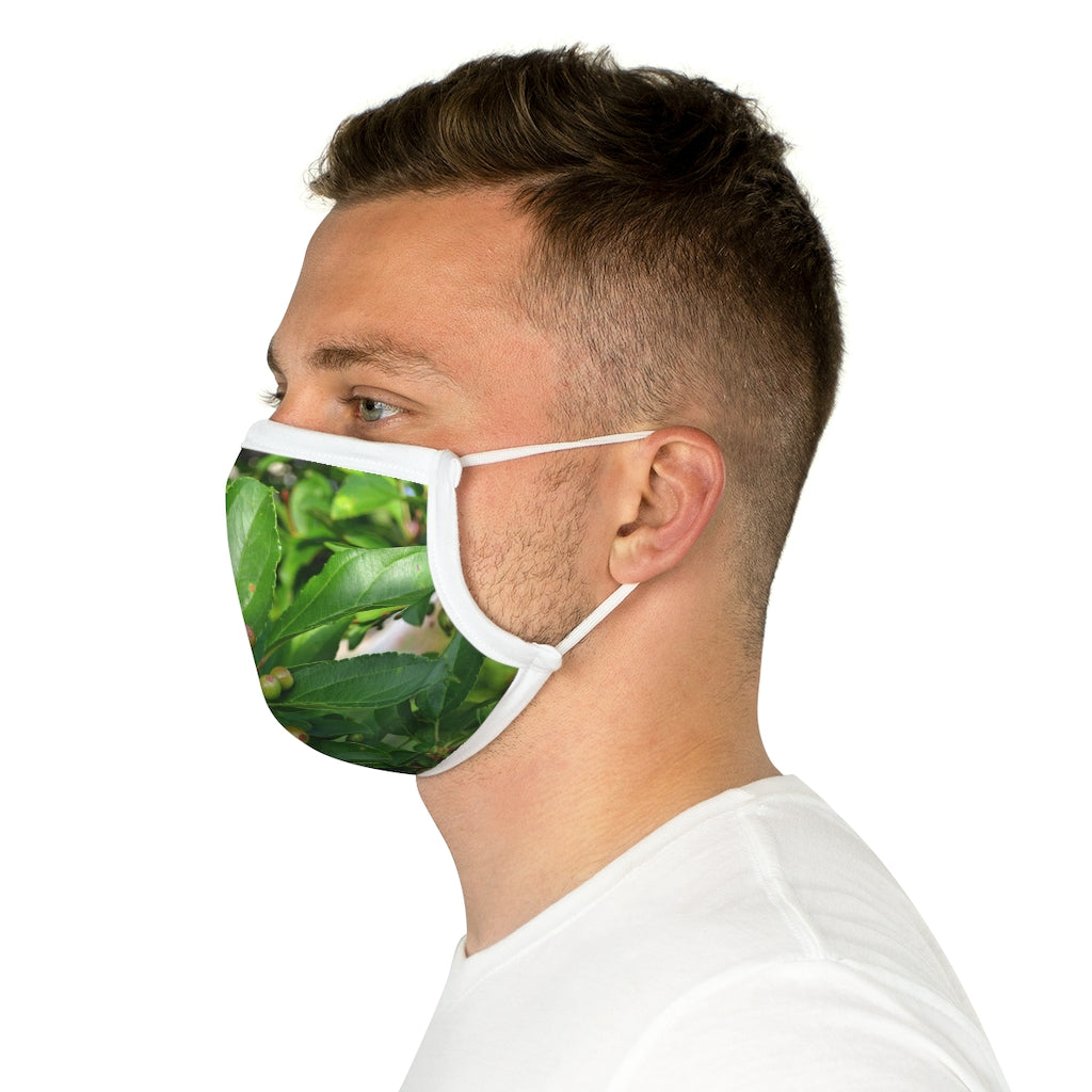 Seeds and Green Leaves Cotton Face Mask featuring a unique nature-inspired design, made from 100% cotton with adjustable features.