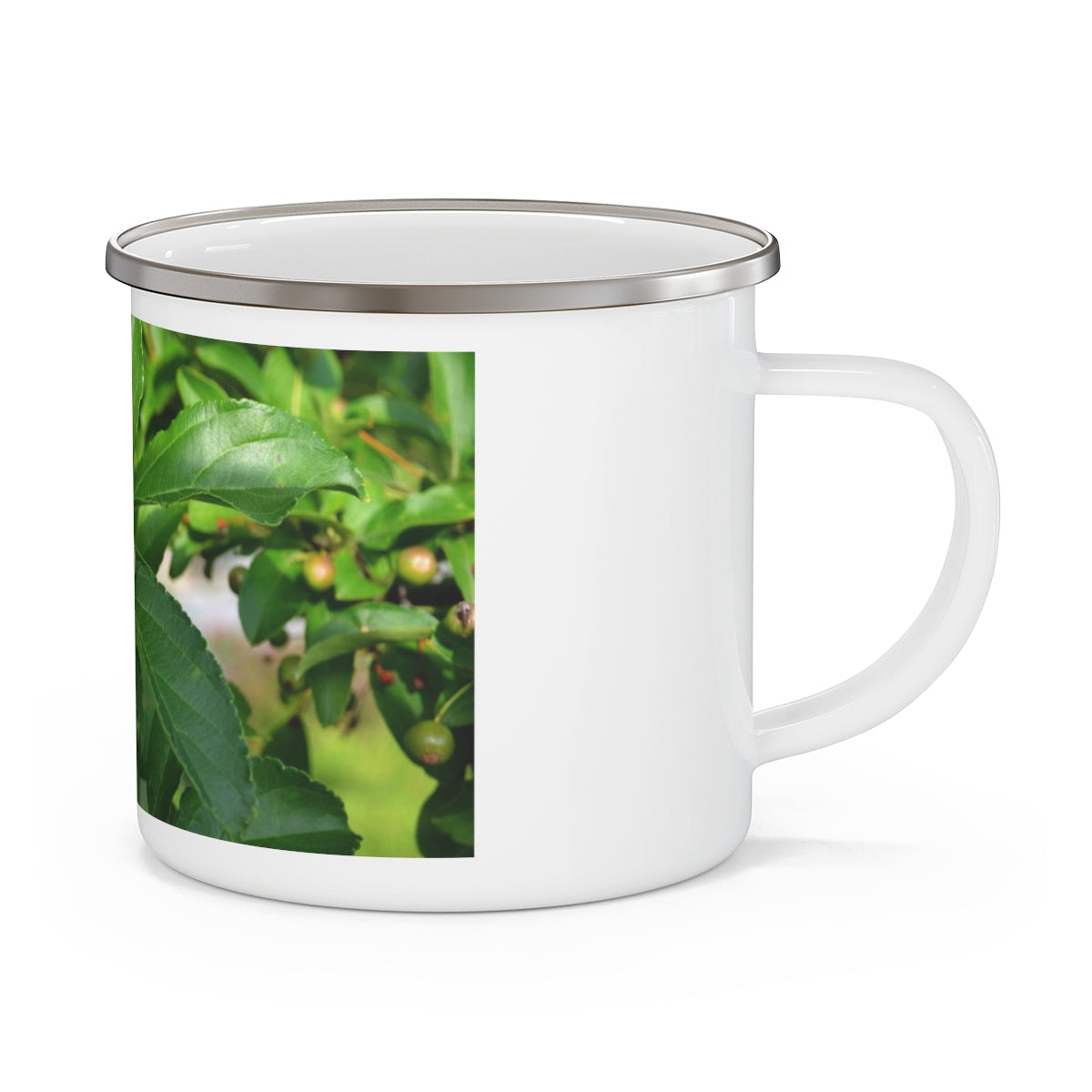 Seeds and Green Leaves Enamel Camping Mug with a stylish design, perfect for outdoor adventures and personalized printing.