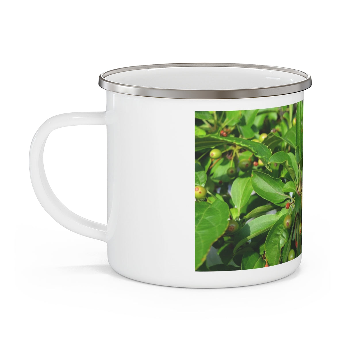 Seeds and Green Leaves Enamel Camping Mug with a stylish design, perfect for outdoor adventures and personalized printing.