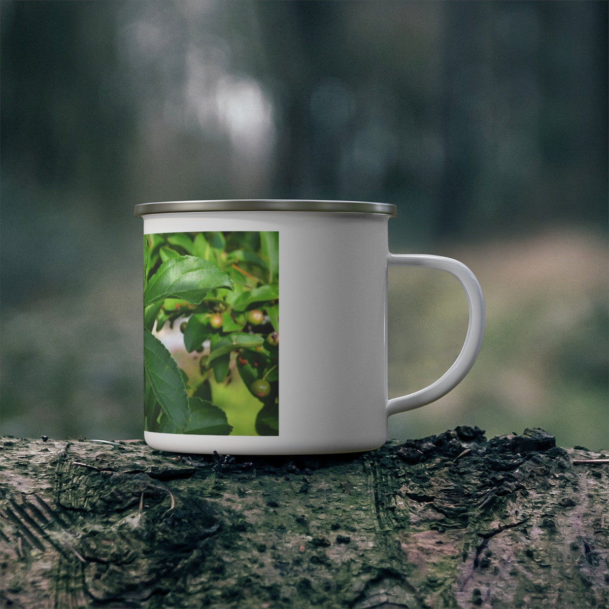 Seeds and Green Leaves Enamel Camping Mug with a stylish design, perfect for outdoor adventures and personalized printing.