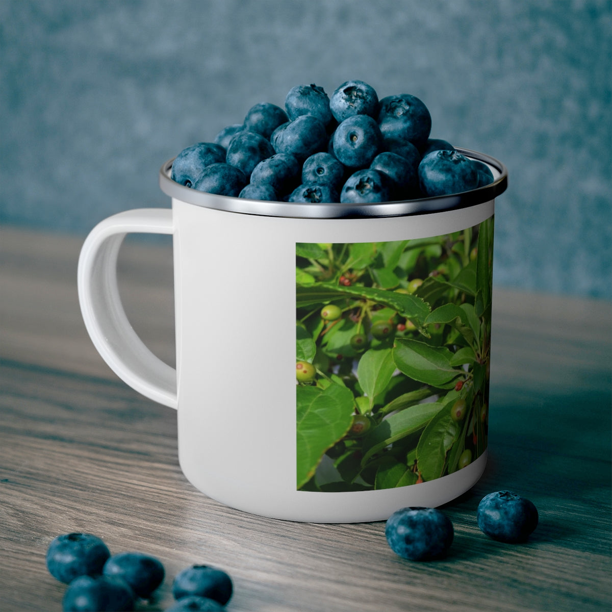 Seeds and Green Leaves Enamel Camping Mug with a stylish design, perfect for outdoor adventures and personalized printing.