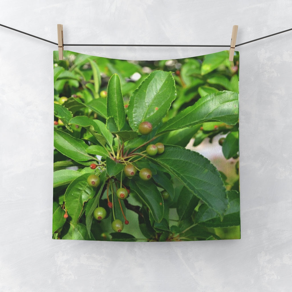 Seeds and Green Leaves Face Towel featuring a vibrant printed front and soft cotton back, ideal for personal use or customization.