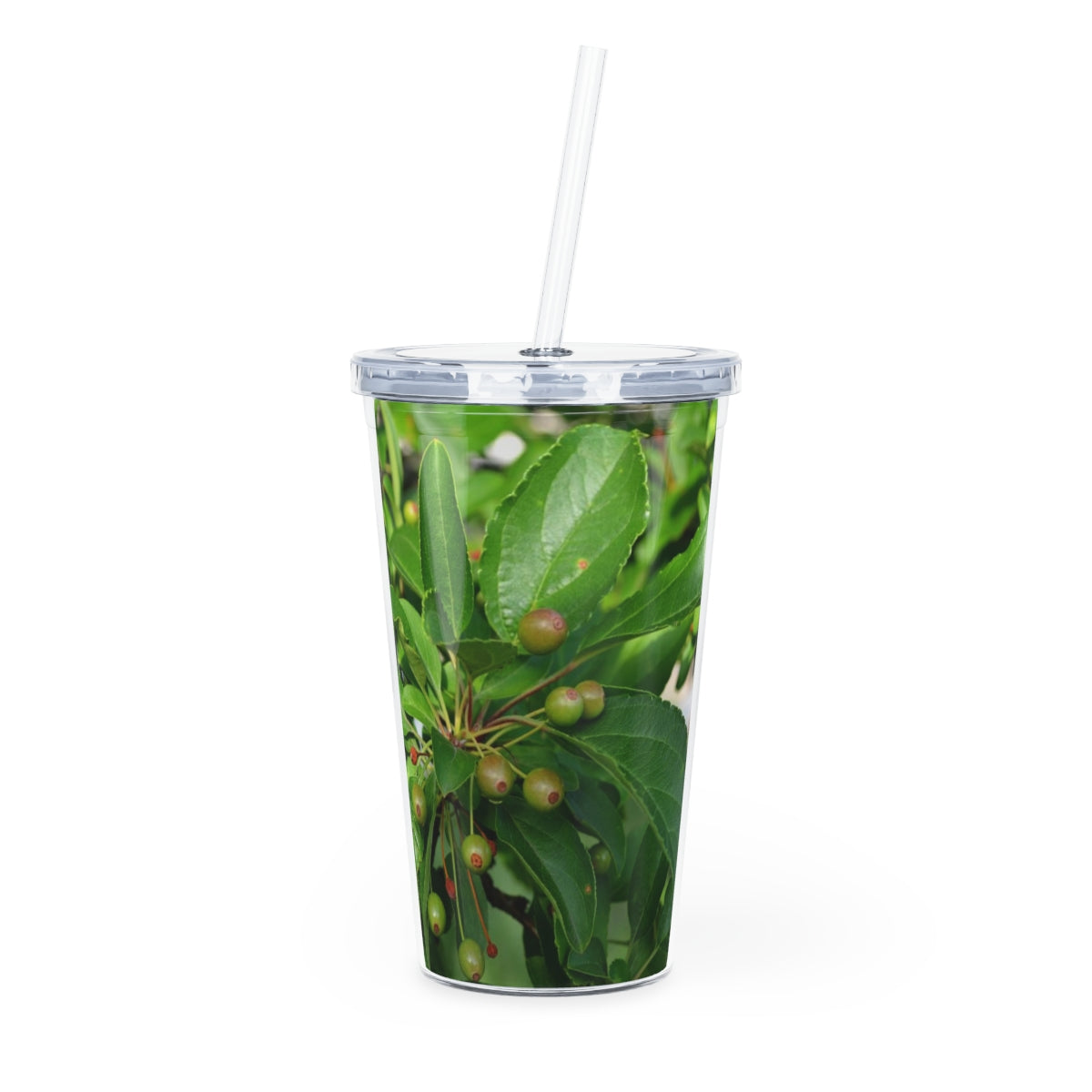 Seeds and Green Leaves Plastic Tumbler with Straw, featuring a vibrant design and double wall insulation for temperature control.