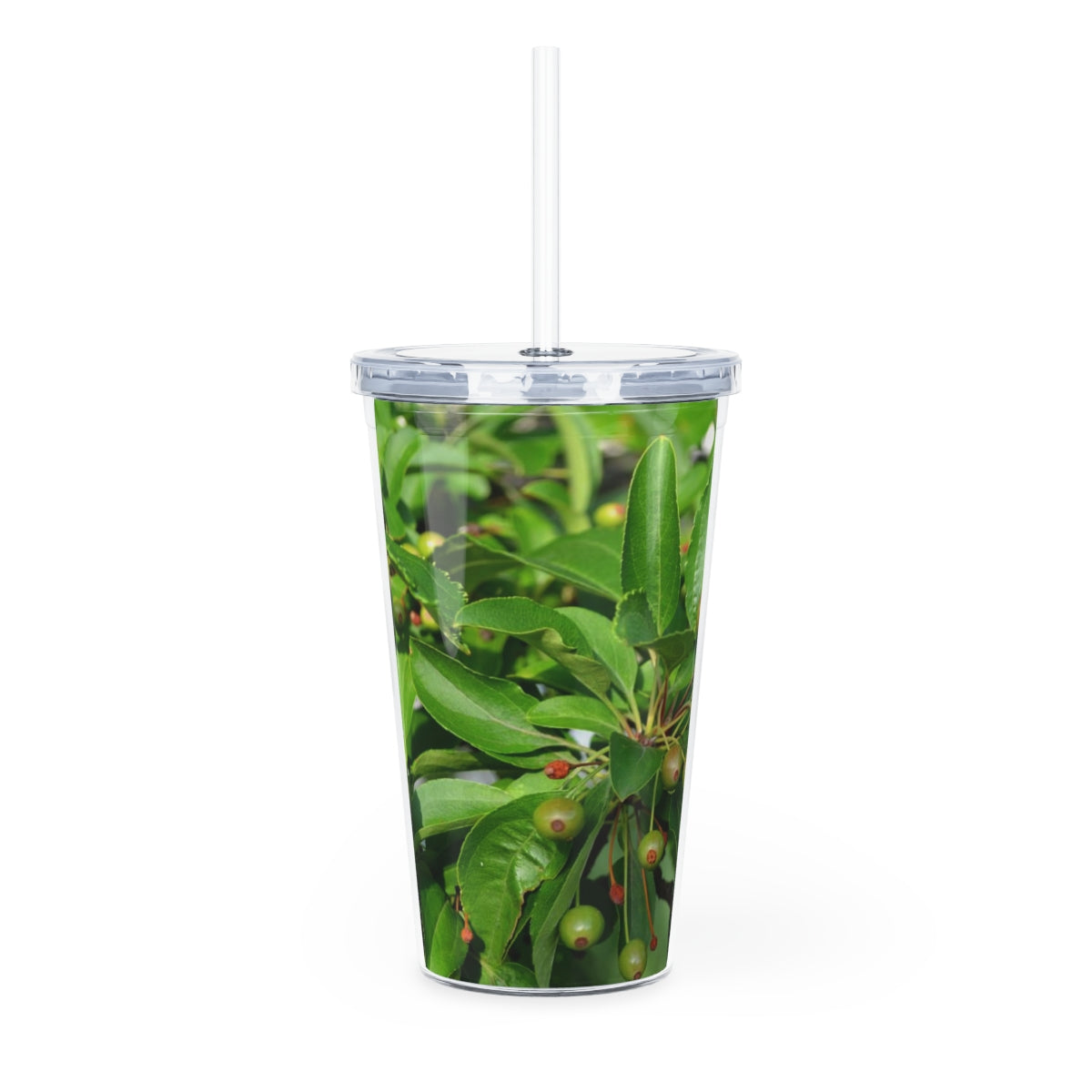 Seeds and Green Leaves Plastic Tumbler with Straw, featuring a vibrant design and double wall insulation for temperature control.