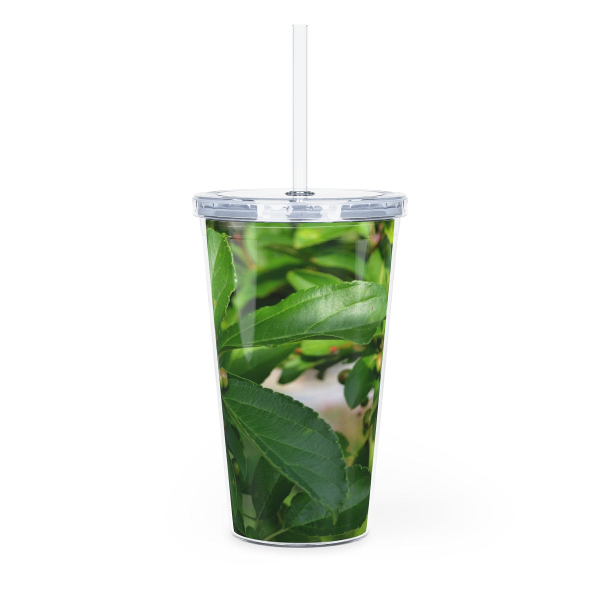 Seeds and Green Leaves Plastic Tumbler with Straw, featuring a vibrant design and double wall insulation for temperature control.