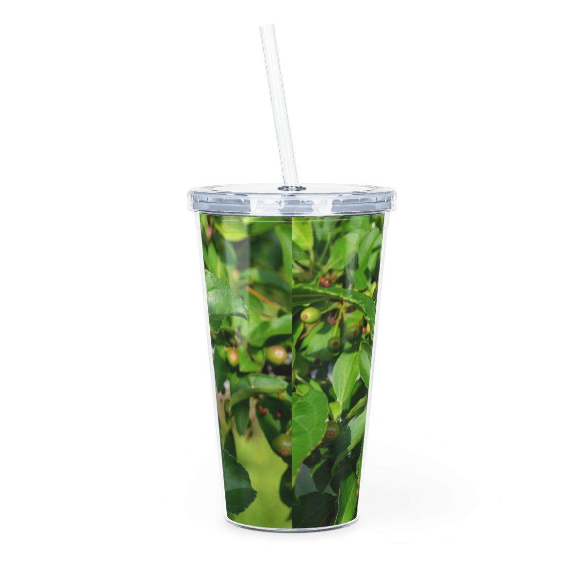 Seeds and Green Leaves Plastic Tumbler with Straw, featuring a vibrant design and double wall insulation for temperature control.