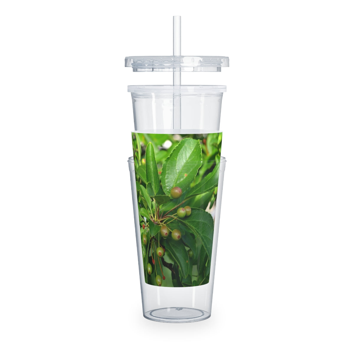 Seeds and Green Leaves Plastic Tumbler with Straw, featuring a vibrant design and double wall insulation for temperature control.