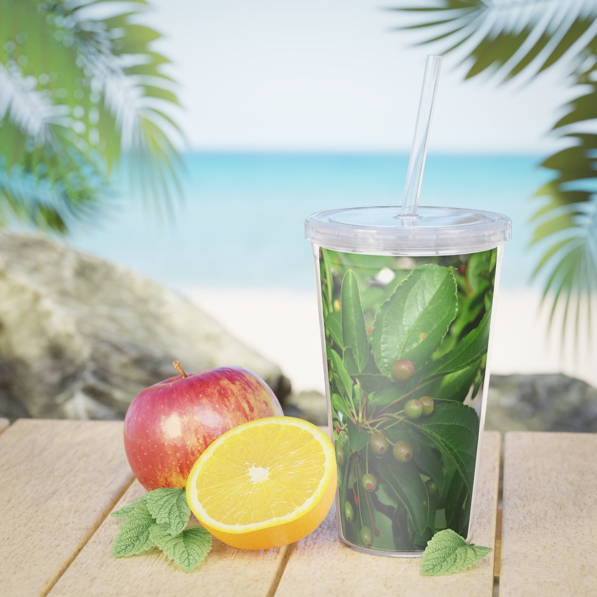 Seeds and Green Leaves Plastic Tumbler with Straw, featuring a vibrant design and double wall insulation for temperature control.