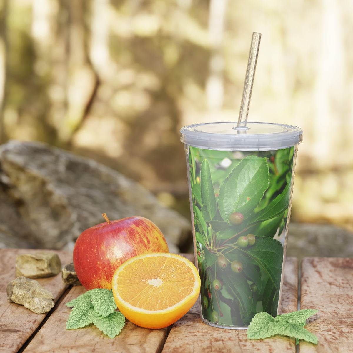 Seeds and Green Leaves Plastic Tumbler with Straw, featuring a vibrant design and double wall insulation for temperature control.