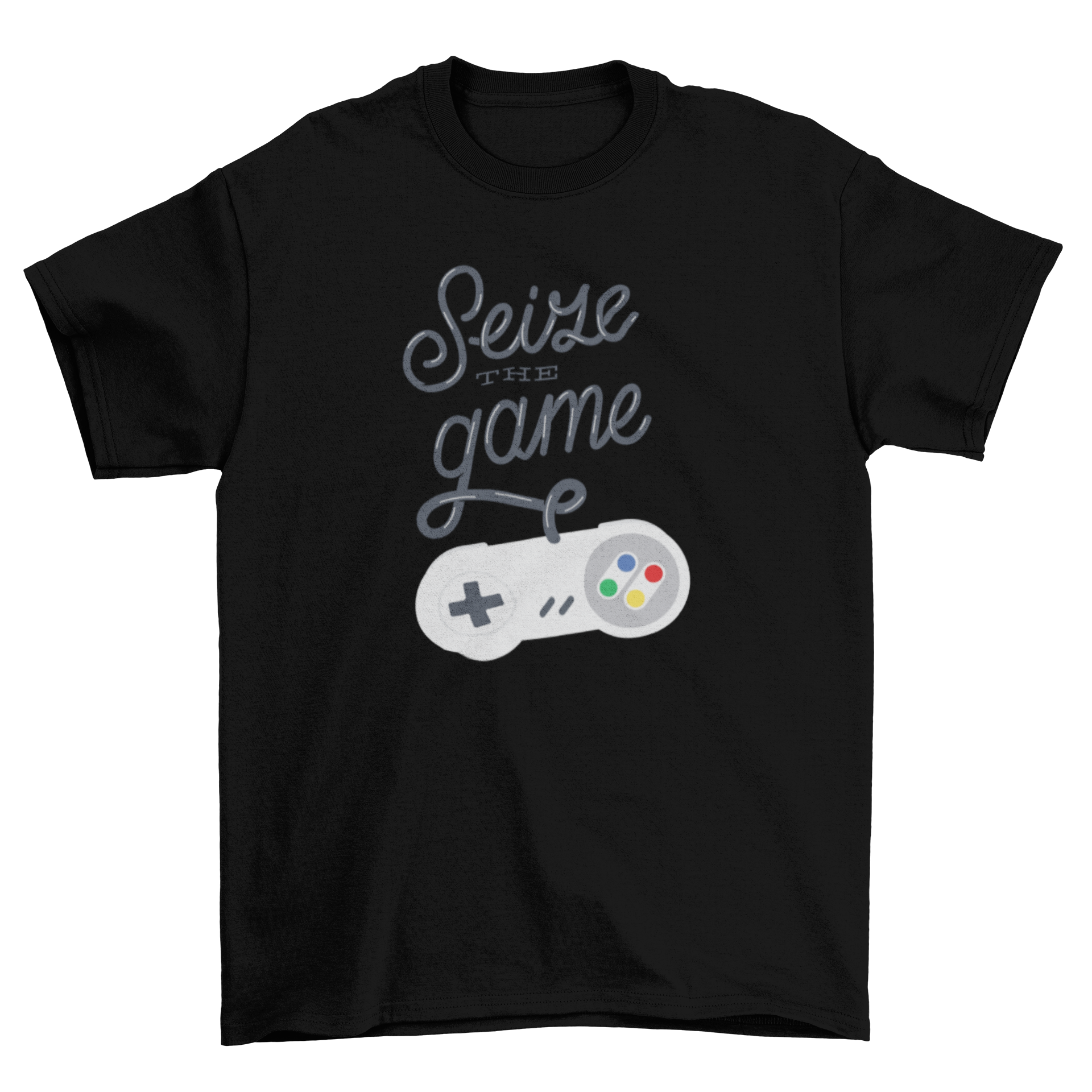 Seize the Game T-Shirt featuring a game console remote design with lettering that reads Seize the Game.