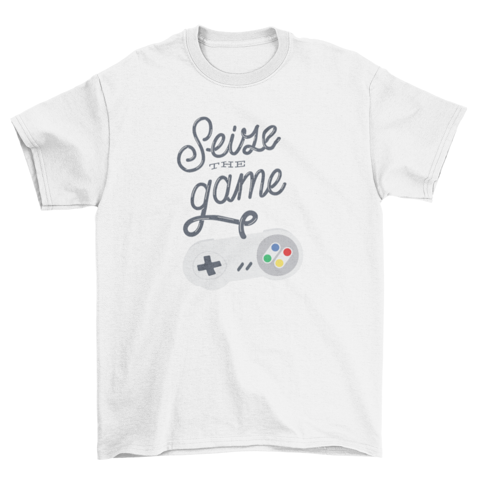 Seize the Game T-Shirt featuring a game console remote design with lettering that reads Seize the Game.