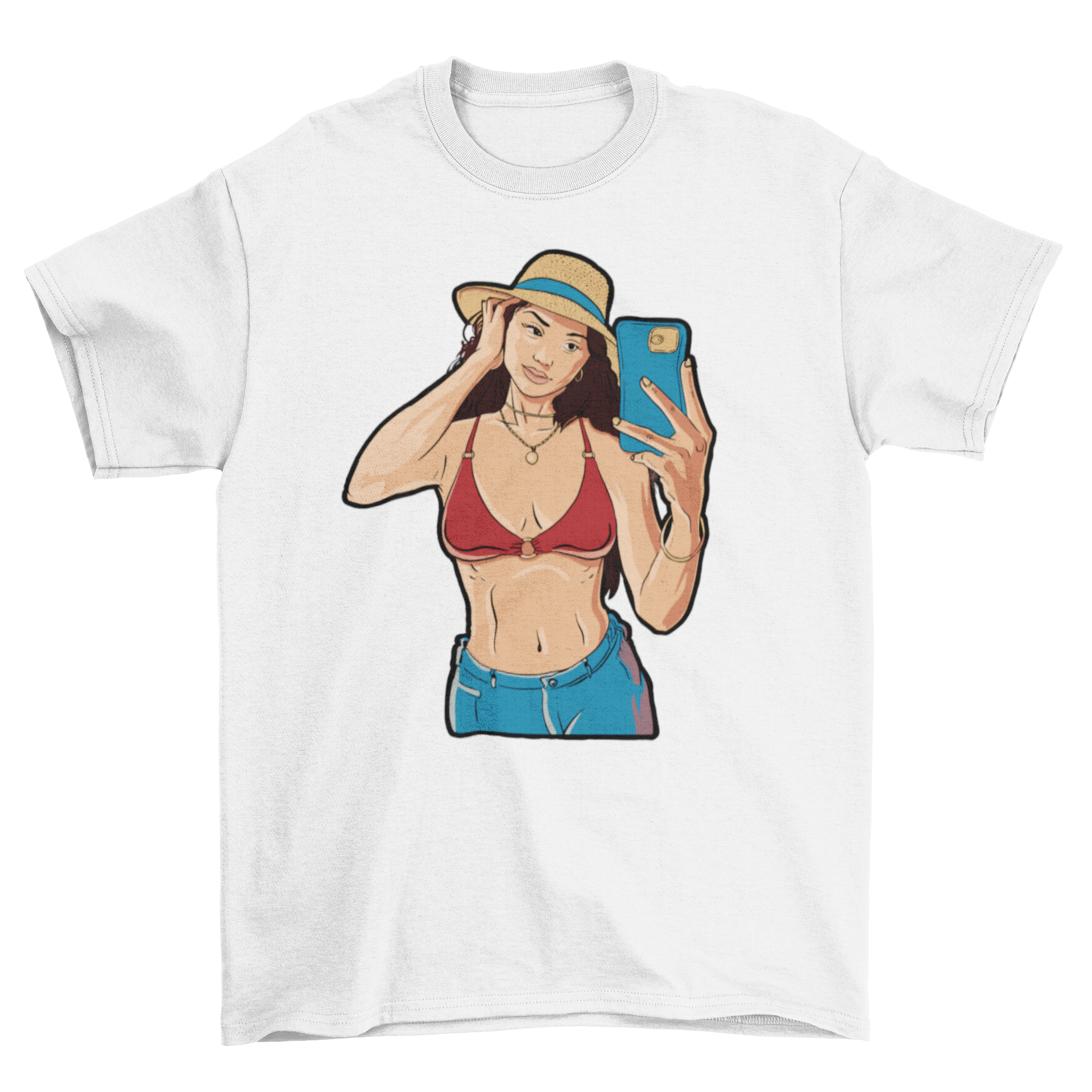 Selfie girl t-shirt featuring a girl in a bikini top and wide-brim hat taking a selfie, perfect for summer fashion.