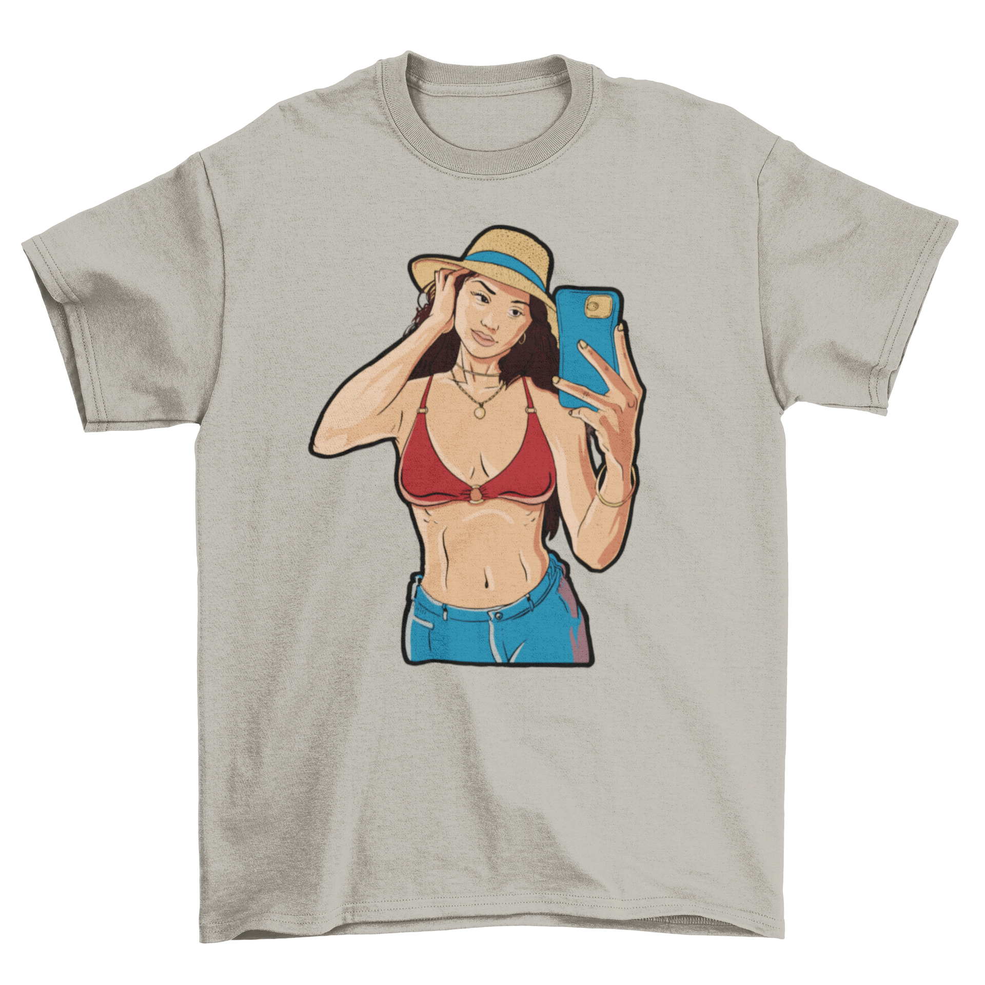 Selfie girl t-shirt featuring a girl in a bikini top and wide-brim hat taking a selfie, perfect for summer fashion.