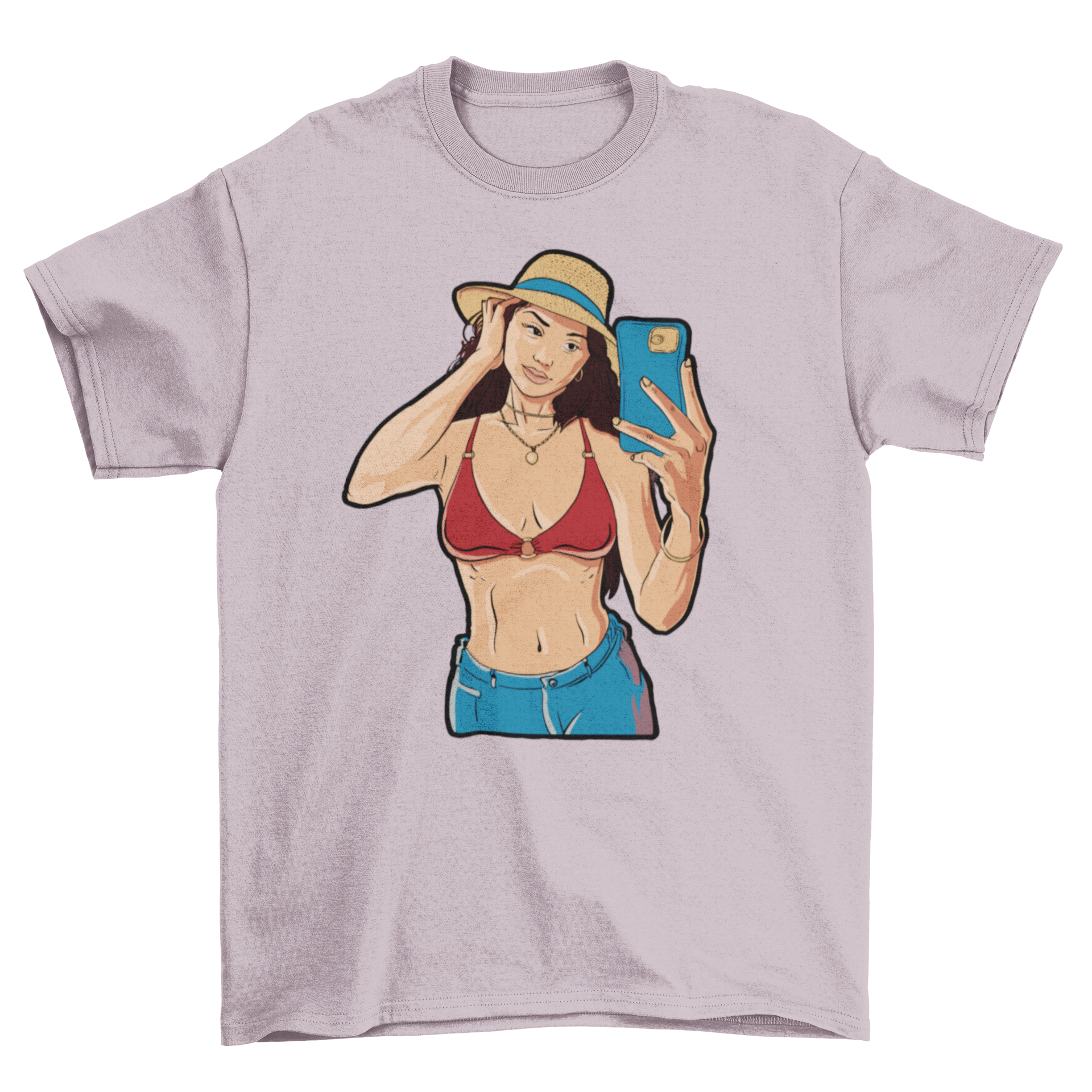 Selfie girl t-shirt featuring a girl in a bikini top and wide-brim hat taking a selfie, perfect for summer fashion.