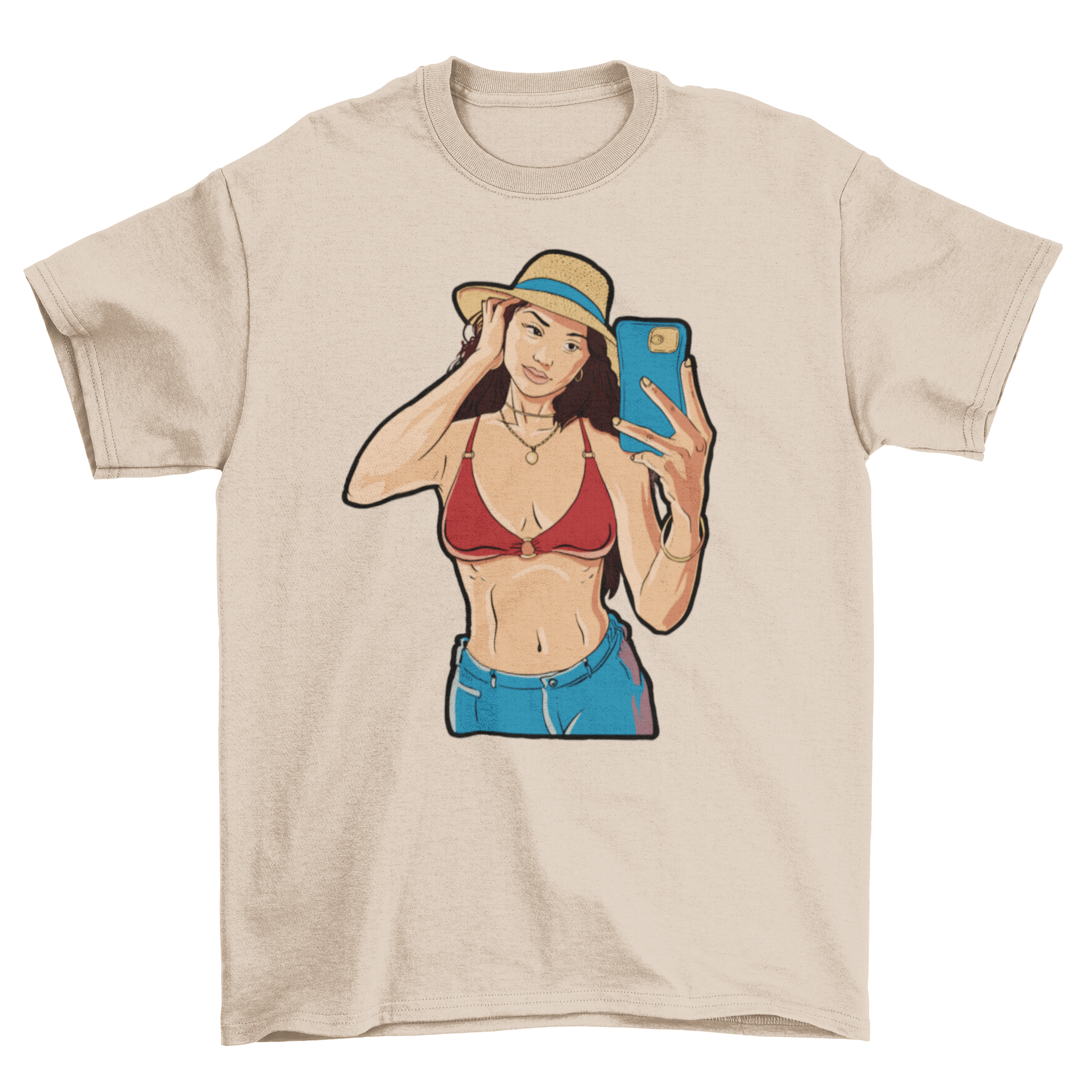 Selfie girl t-shirt featuring a girl in a bikini top and wide-brim hat taking a selfie, perfect for summer fashion.