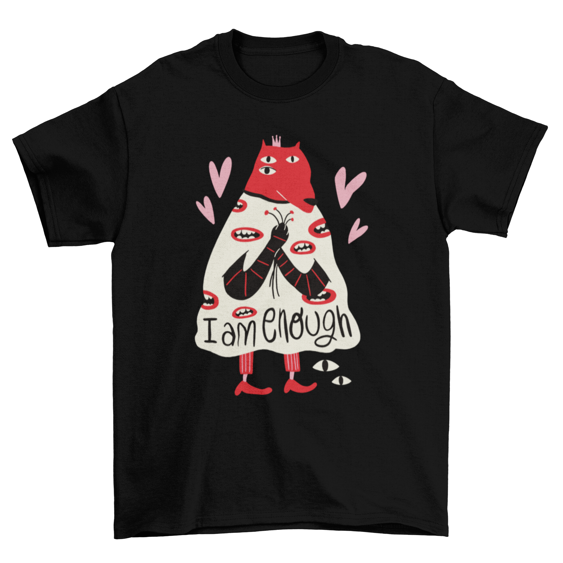 Self-love creature abstract t-shirt featuring a trippy creature and hearts with the quote 'I am enough'.