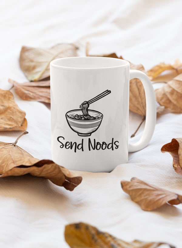 Send Noods Mug featuring a fun noodle-themed design with a glossy finish and sturdy handle.