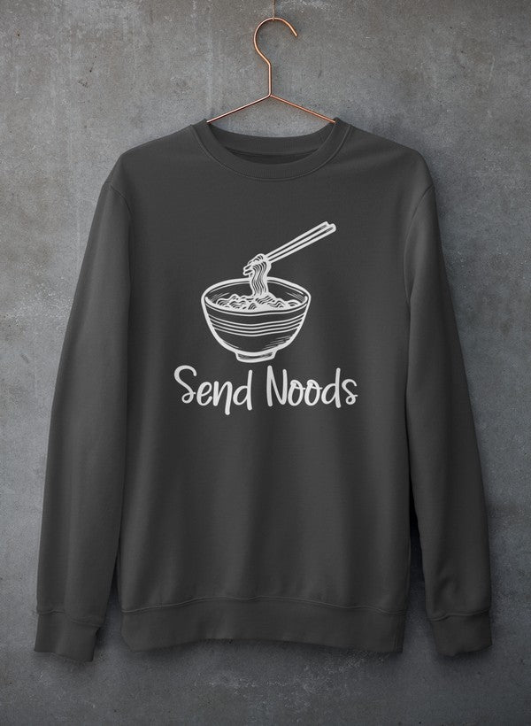 Send Noods Sweat Shirt featuring unique artistic designs, made from soft cotton/poly fleece blend for comfort and warmth.