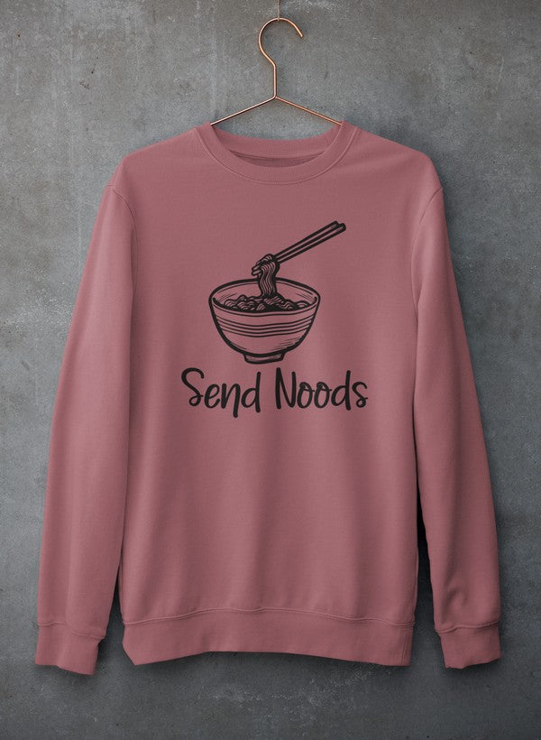 Send Noods Sweat Shirt featuring unique artistic designs, made from soft cotton/poly fleece blend for comfort and warmth.