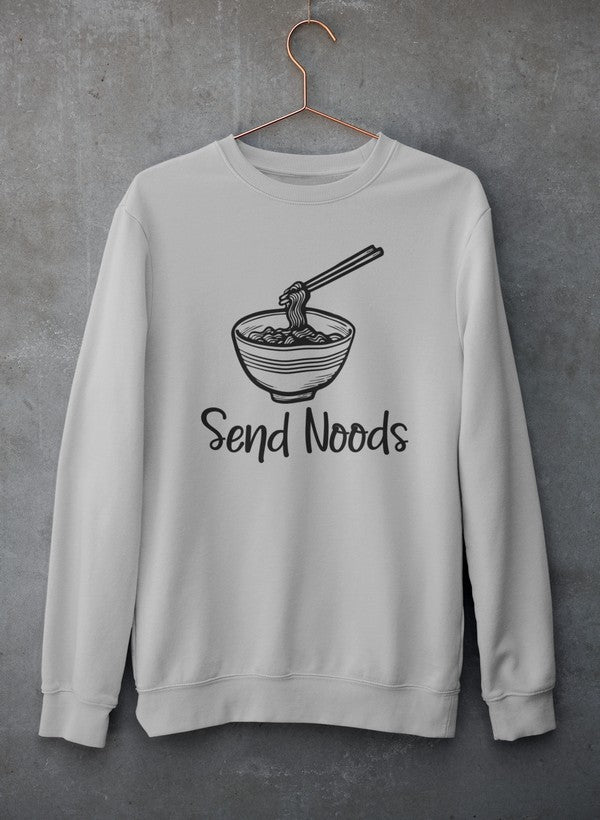 Send Noods Sweat Shirt featuring unique artistic designs, made from soft cotton/poly fleece blend for comfort and warmth.