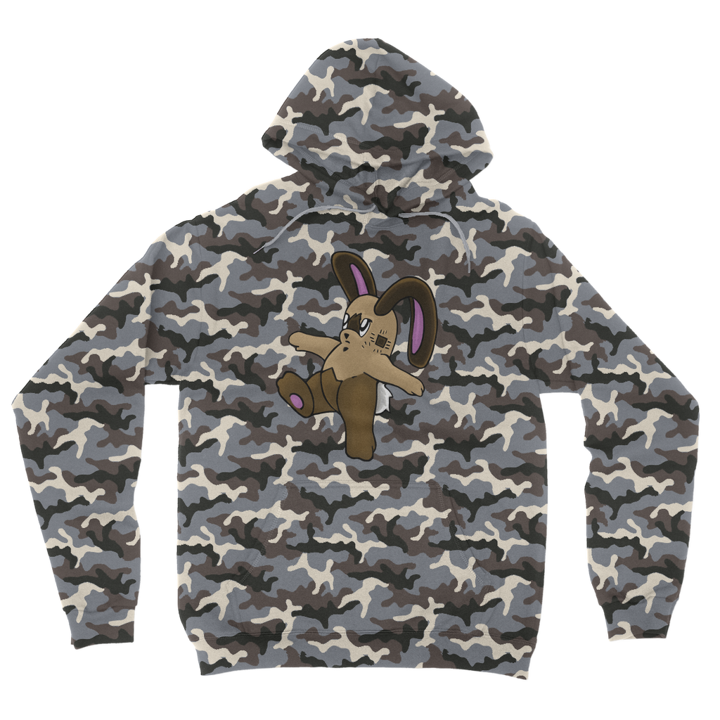 Sentra Camouflage Adult Hoodie featuring an all-over camo design, kangaroo pouch pocket, and double fabric hood, perfect for casual wear.