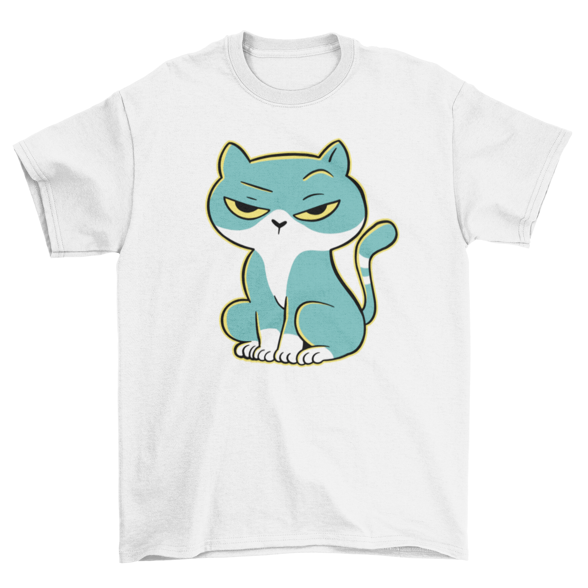 A vibrant green cartoon t-shirt featuring a serious cat design, perfect for cat lovers.