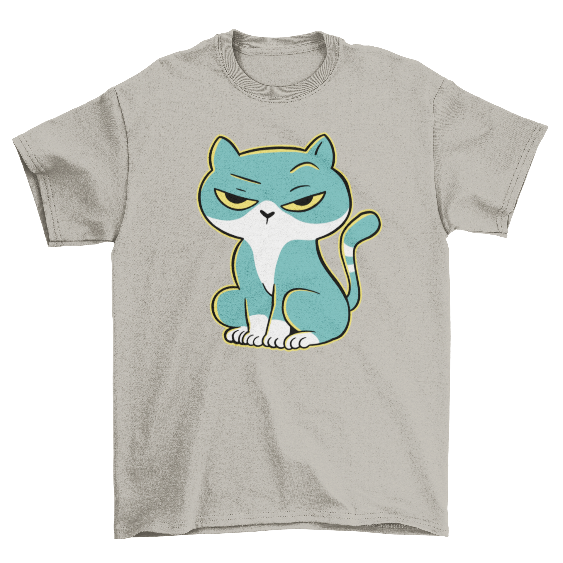 A vibrant green cartoon t-shirt featuring a serious cat design, perfect for cat lovers.