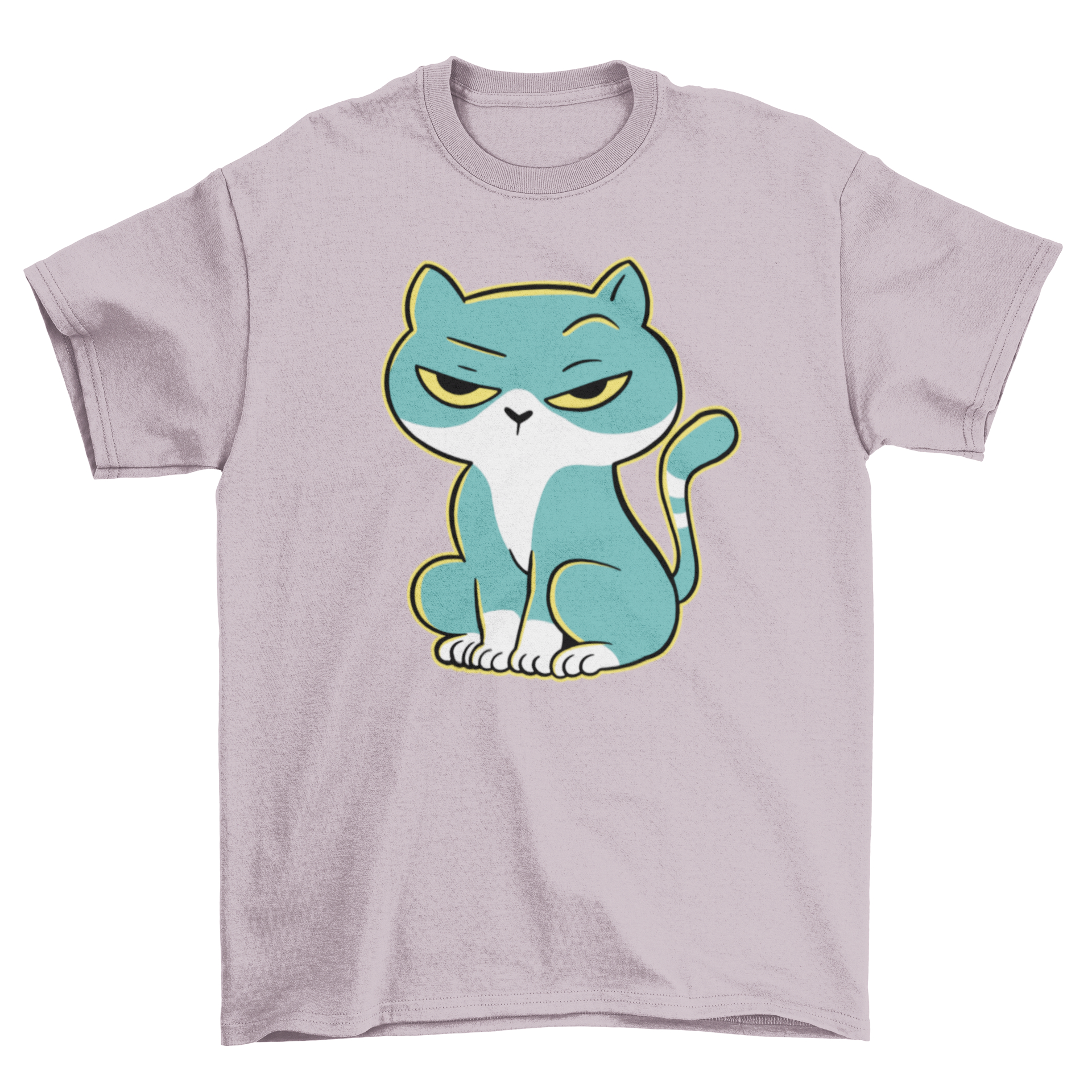 A vibrant green cartoon t-shirt featuring a serious cat design, perfect for cat lovers.