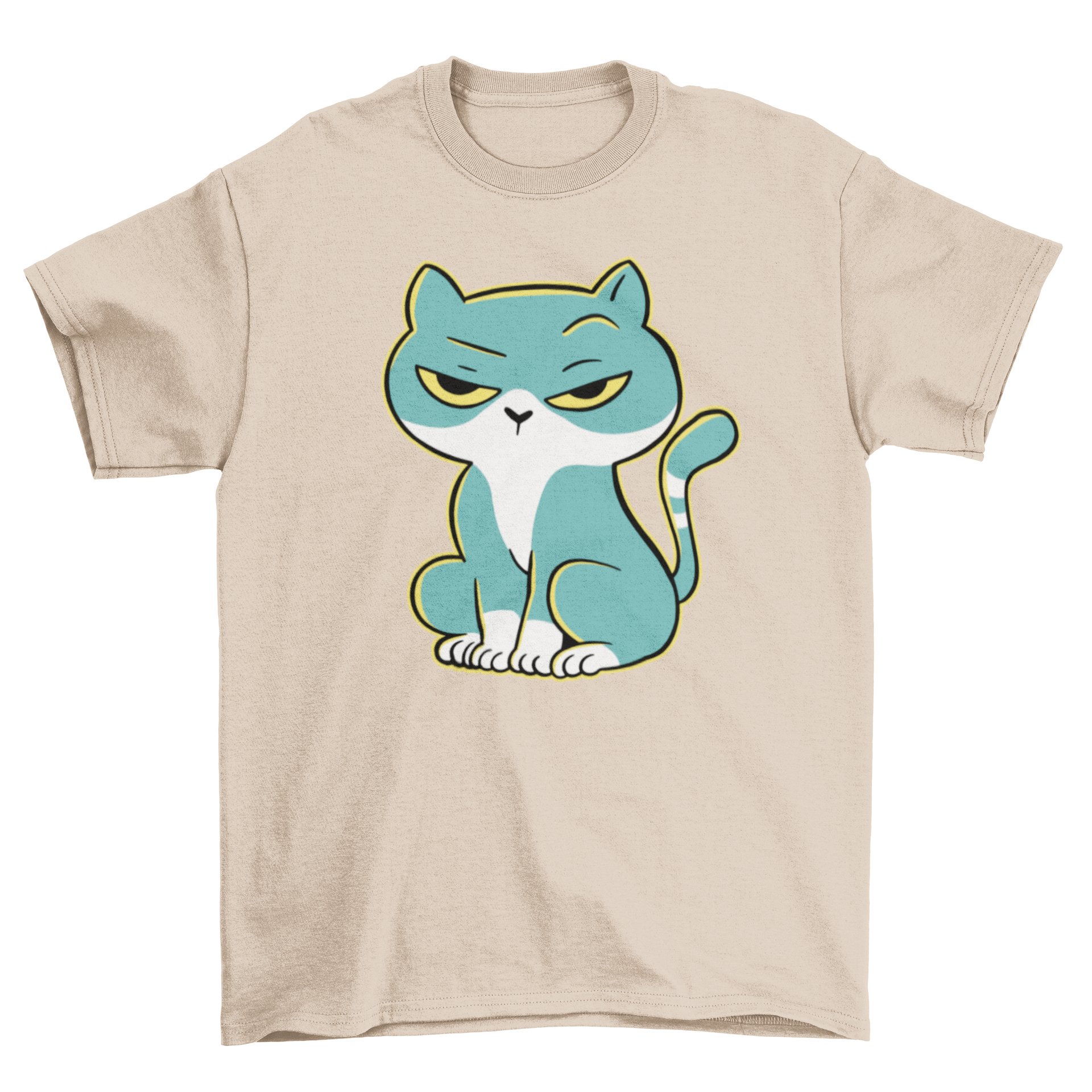 A vibrant green cartoon t-shirt featuring a serious cat design, perfect for cat lovers.