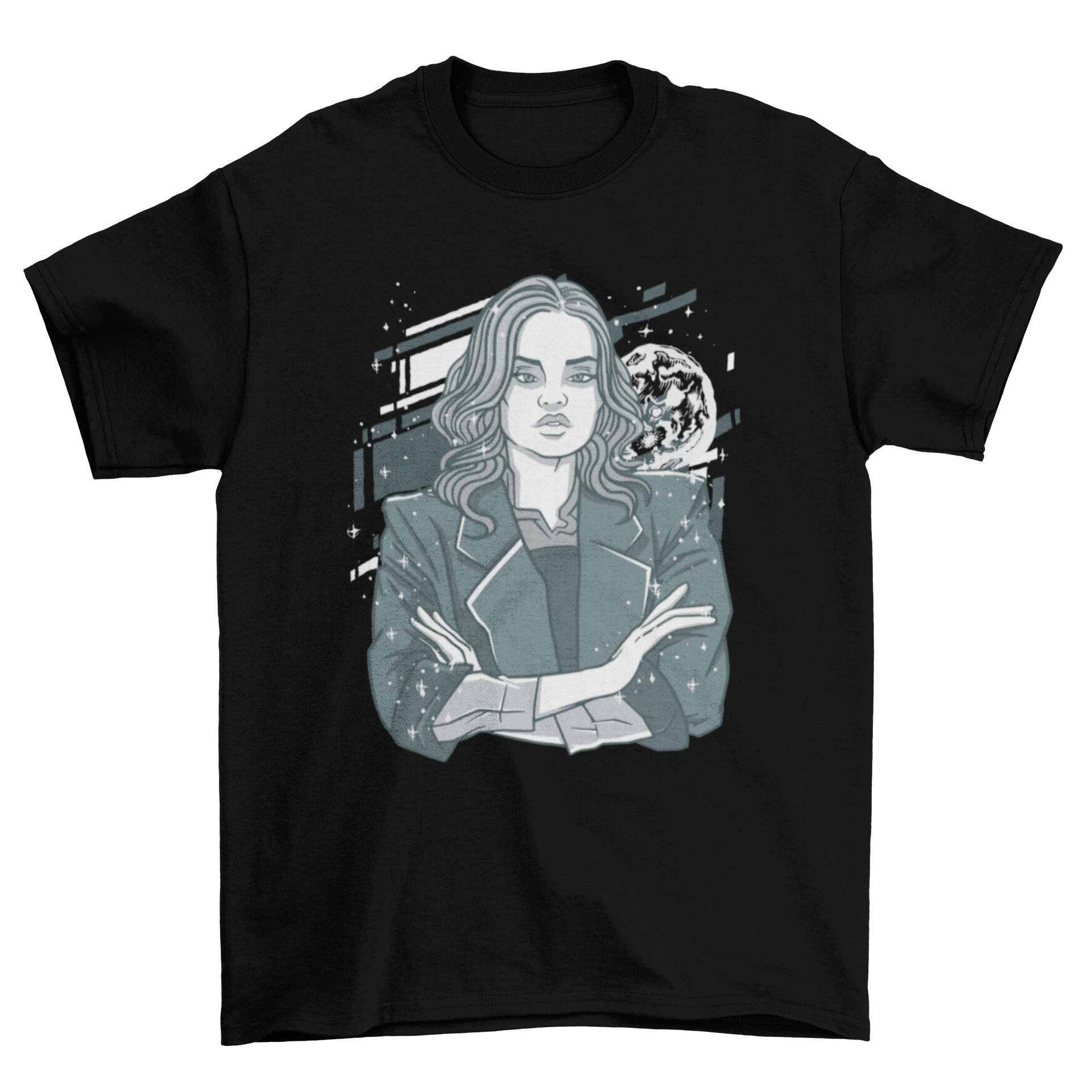 A stylish t-shirt featuring a serious woman design with sparkles around her, perfect for casual wear.