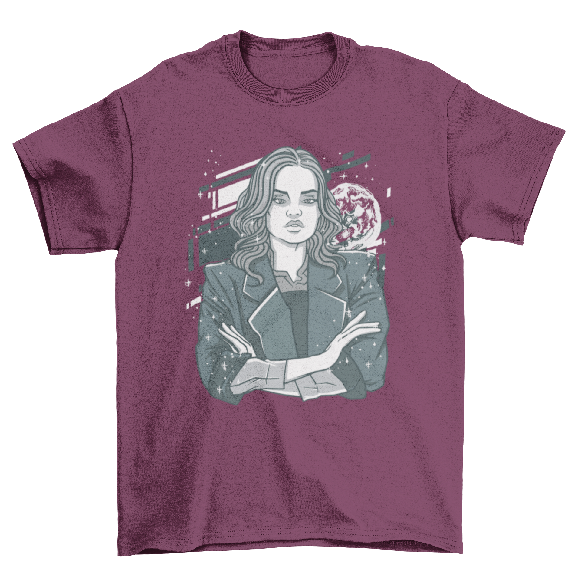 A stylish t-shirt featuring a serious woman design with sparkles around her, perfect for casual wear.