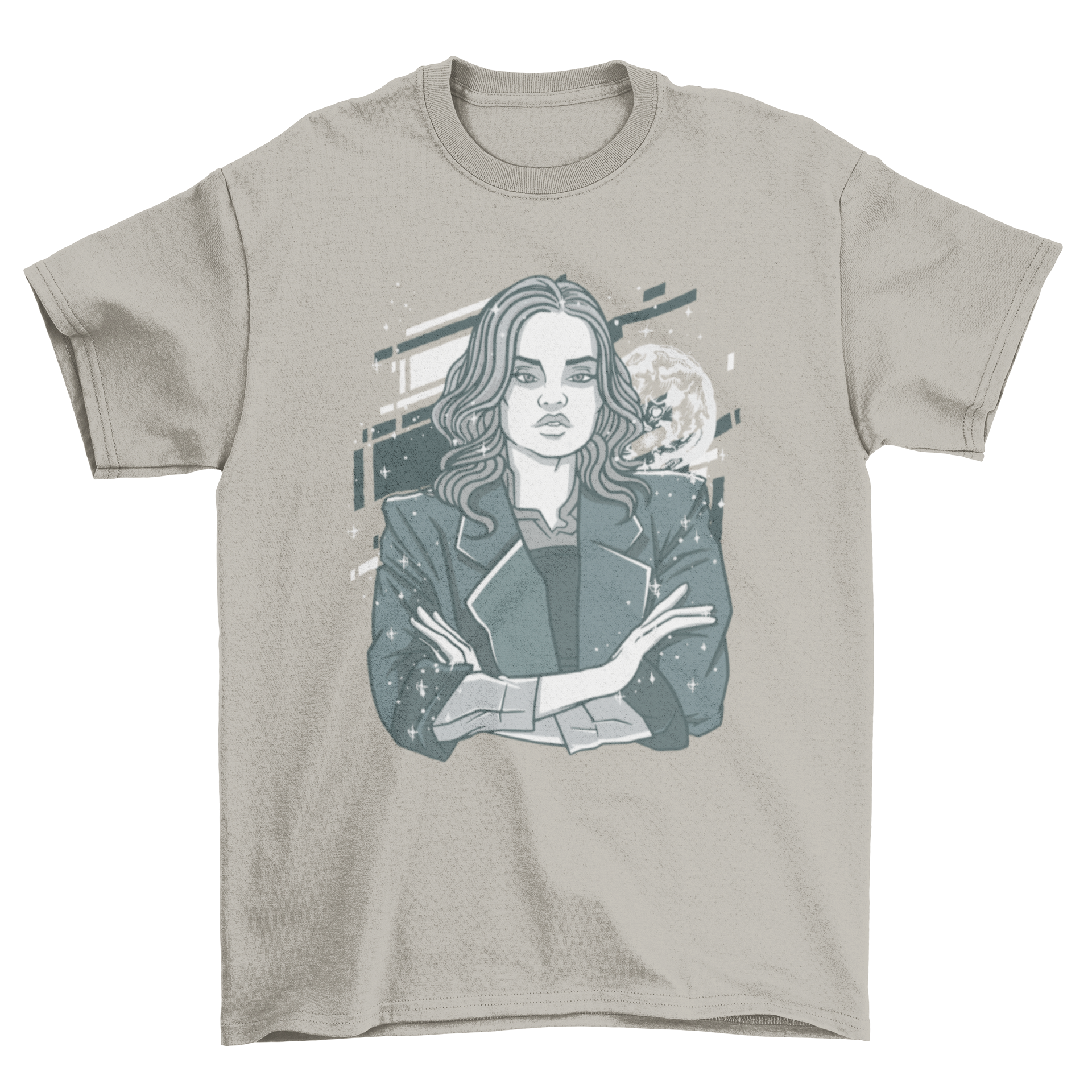 A stylish t-shirt featuring a serious woman design with sparkles around her, perfect for casual wear.