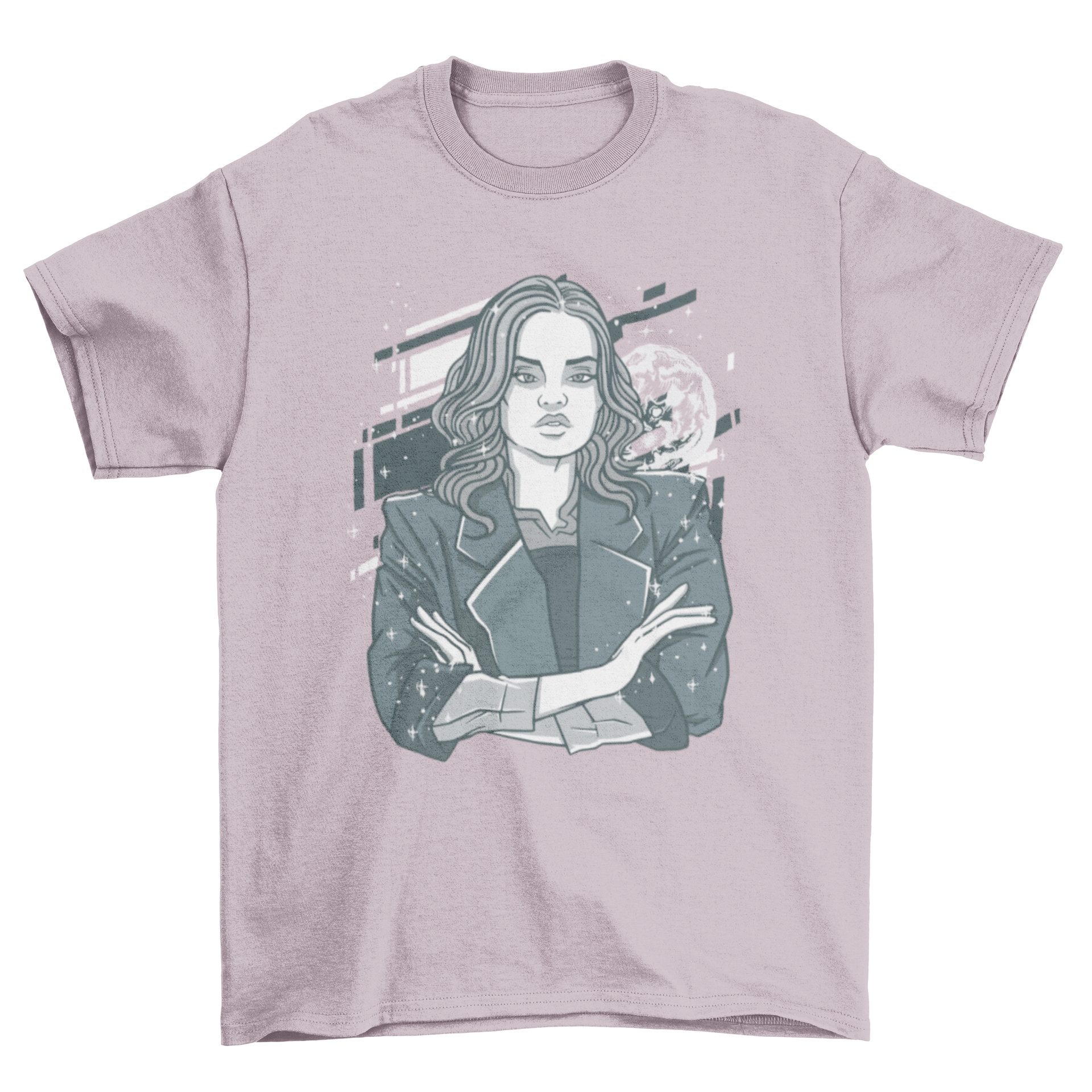 A stylish t-shirt featuring a serious woman design with sparkles around her, perfect for casual wear.